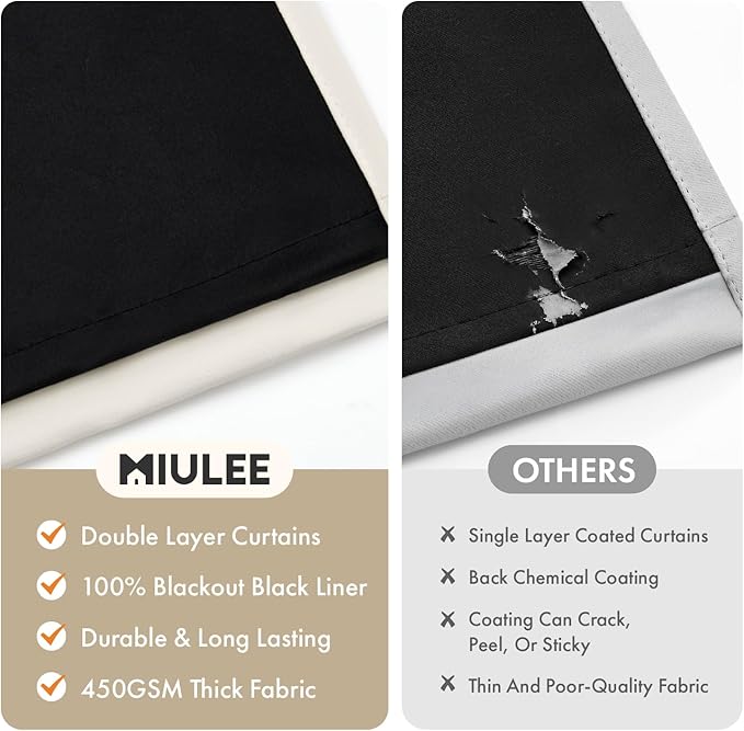 MIULEE Cream 100% Blackout Curtains for Bedroom 72 Inch Long, 2 Thick Layers Thermal Insulated Black Out Window Curtains with Black Liner, Noise Reducing Grommet Living Room Drapes 2 Panels Set Ivory