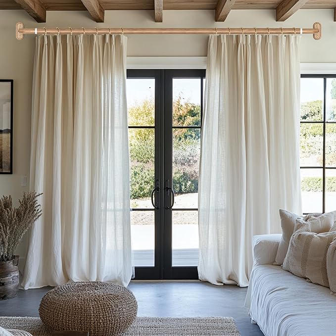 Wrap Around Curtain Rods Wood, Blackout Heavy Duty Curtain Pole for Windows 48 to 84 Inch, 1" Decorative Room Darkening Curved Boho Drapery Rod (Wood/Unique Design/All Metal)