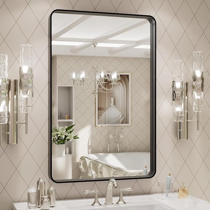 LOAAO 20X28 Inch Black Metal Framed Bathroom Mirror for Wall, Matte Black Bathroom Vanity Mirror Farmhouse, Anti-Rust, Hangs Horizontally or Vertically