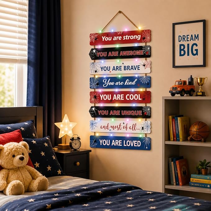 Cool Spiderman Room Decor Set of 8 with Led Light for Teen boys Kids Toddler, Inspirational Spider Man Wood Nursery Wall Decor for Bedroom, Motivational Spidey and His Amazing Friends Marvel Decor
