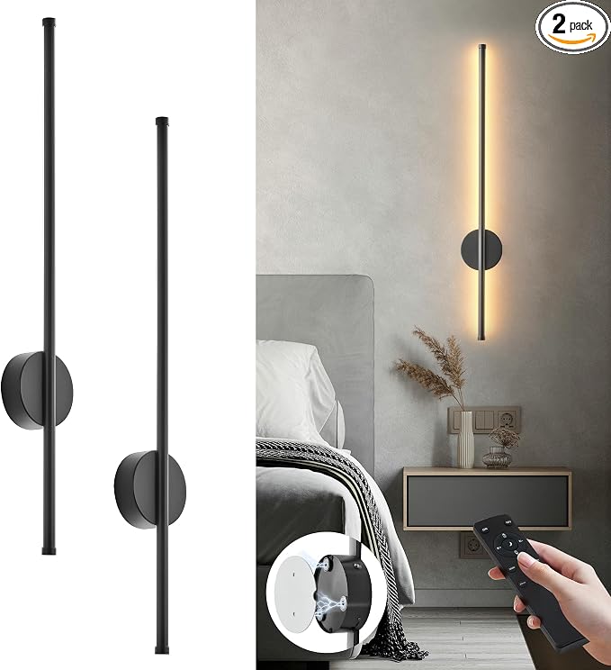 Battery Operated Modern Wall Sconces Set of Two,Rechargeable Wireless Wall Lights with Remote Control,Dimmable,3CCT,Timer,360°Rotation,Cordless Lighting for Bedroom,Living Room,Hallway,Black,27.6 Inch