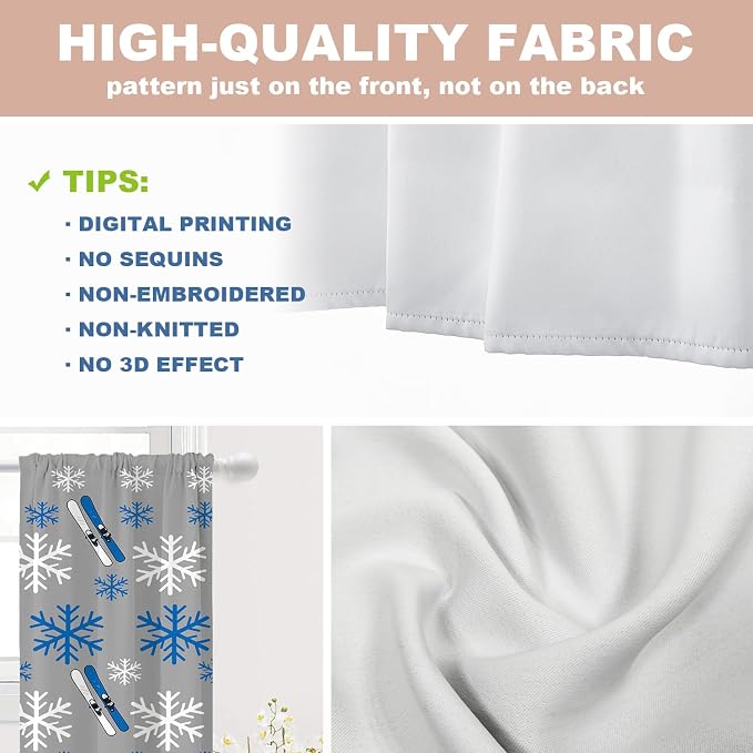 Shrahala Snowflakes Skis Blackout Curtain Tiers, Winter Sports Themed Pattern Kitchen Valance Light Blocking Tier Drapes with Rod Pocket, 2 Pack 26 X 36 in