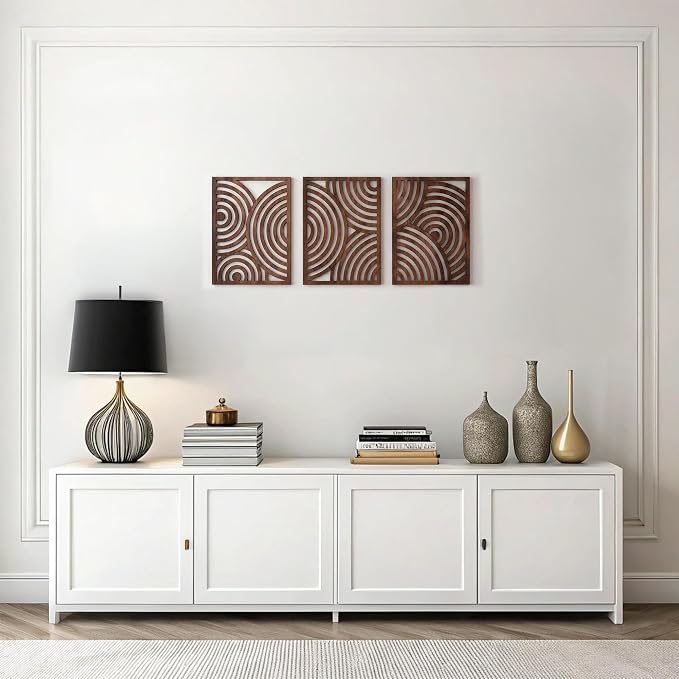 qmmp Modern Wooden Wall Sculptures - Set of 3 - Home Decor Accent - Large Wall Art for Living Room, Bedroom, Office - Easy Installation (Walnut, Medium - Orbit)