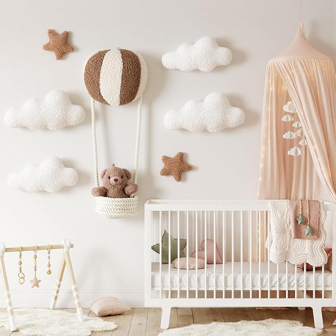 Chumia 7 Pcs Teddy Bear Nursery Wall Decor Hot Air Balloon Nursery Wall Art with Clouds Star Soft Plush Baby Room Decor Gender Neutral for Bedroom Playroom Decoration