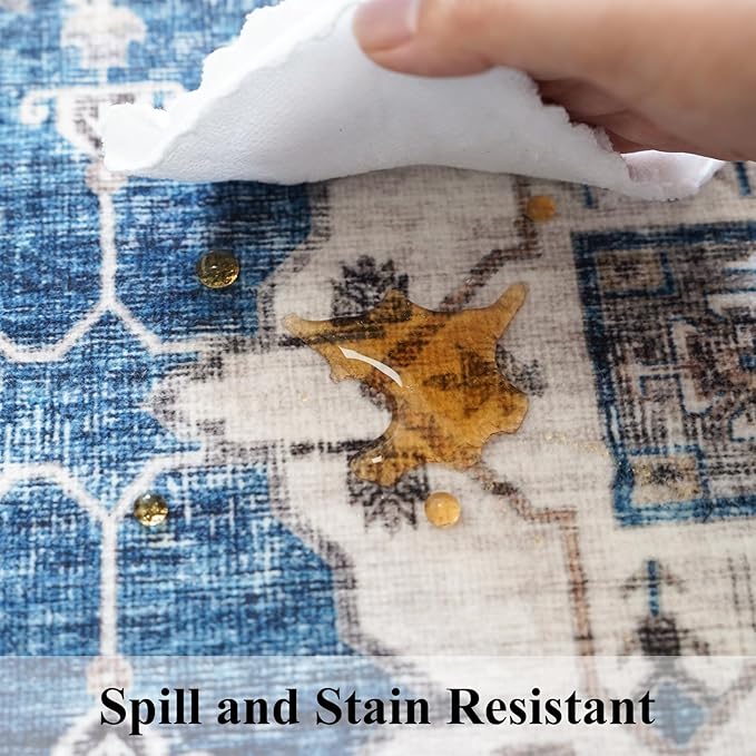 2x4 Non-Slip Entryway Area Rugs: Washable Stain Resistant Kitchen Carpet Printed Doormat Soft Low Pile Nursery Rug Vintage Small Floor Mat for Hardwood Bedroom Cozy Home Decor fot Family(2x4,Blue)