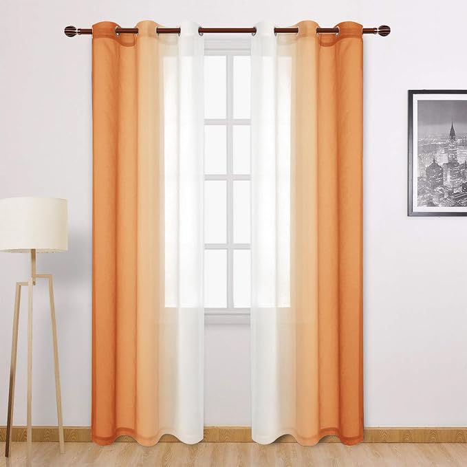 DWCN Ombre Sheer Curtains - 84 inches Long Faux Linen Gradient Semi Voile Curtains for Bedroom and Living Room, Set of 2 Grommet Top Window Curtain Panels, 42 x 84 Inches Long, Sunset Orange
