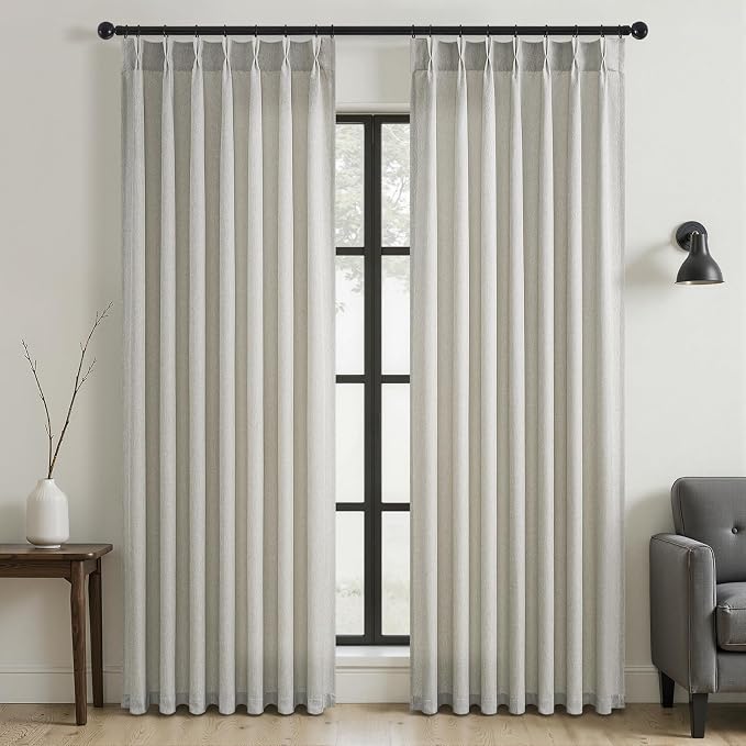 Pinch Pleated Curtains 92 Inches Long 2 Panels Set,Grey Beige Semi Sheer Cotton Blend Fabric Aesthetic Advanced Curtain Drapes for Living Room Bedroom,40x92 inch Length