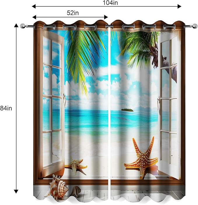 Ocean Beach Blackout Curtains Seaside Palm Tree Shell Starfish Decor Coast Sunshine Blue Sky Summer Curtain Women Men Girls Boys Bedroom Living Room Darkening Grommet Window Drapes 2 Panels, 52"x84"