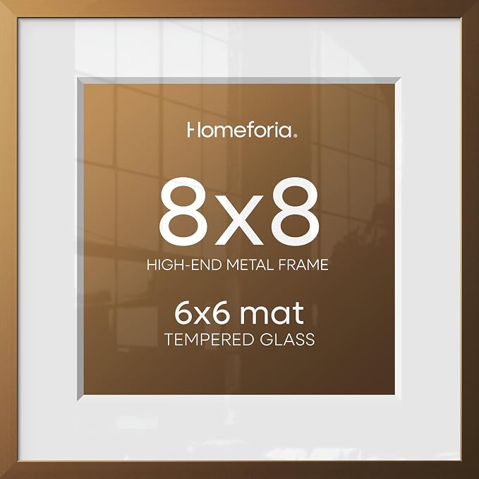 Homeforia 8x8 Picture Frames Bronze, High End Metal 8 x 8 Square Photo Frame with Mat 6 by 6, 8x8 Brass Frame Matted to 6x6 inch Print, 8by8 Wall or Tabletop Frames, Tempered Glass, Wall Kit, Set of 3
