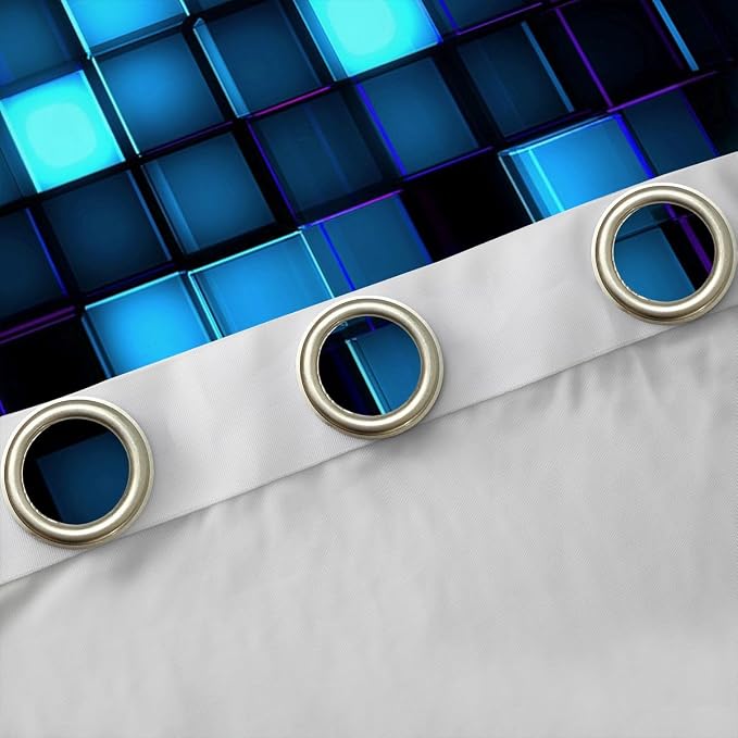Castle Fairy Neon Blue Grid Window Curtain | Video Games Blackout Curtain for Men Bedroom Decor,Geometric Pixelated Block Curtains 3D Block Theme Living Room Top 2 Panels,52Wx63L