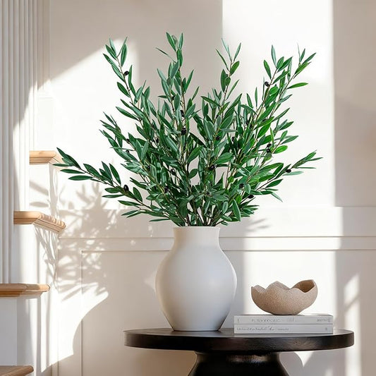 Bailikang 8PCS Premium Artificial Olive Branches for Vases - Realistic PU & Silk Faux Greenery Stems, 3 Sizes, Bendable Wire Stems, Low Maintenance Home/Office/Holiday Decor(No Vase
