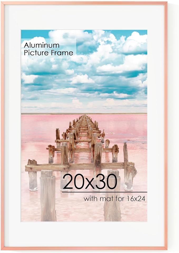 20x30 Metal Picture Frame for Wall With Mat for 16x24, 20''x30'' Aluminum Photo Frames With Tempered Glass for Home Decor, Minimalist Modern Poster Frame Horizontal And Vertical Formats, Rose Gold