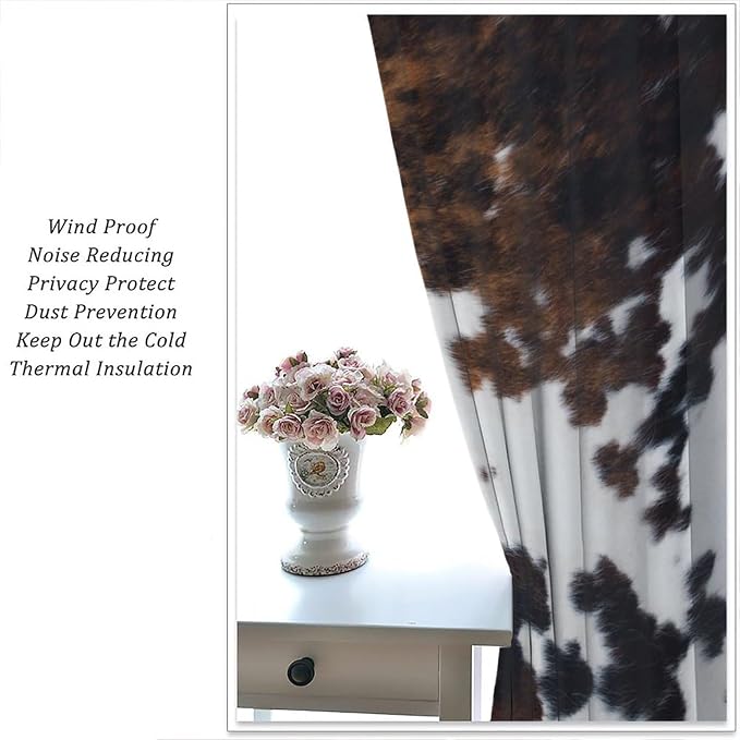 Cow Print Blackout Curtain,Brown White Cowhide Animal Fur Western Rustic Farmhouse Style Window Treatments Rod Pocket Curtain for Bedroom Living Room Kitchen Decor Drapes 42x45in