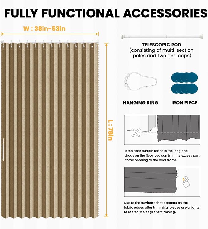 AJAZZ Set: Curtain Rods No Drilling (38-53" W Adjustable Range) & Accordion Door Curtain, Brown 53W×78" L, Accordion Doors for Closet Doorway Room Divider