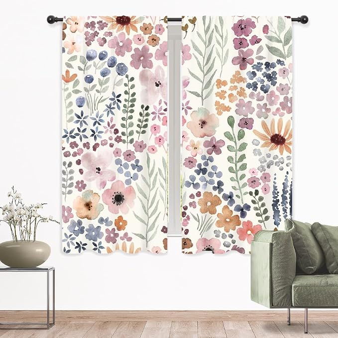 Riyidecor Colorful Floral Curtains Cute Boho Pink Wildflower Trendy Pretty Aesthetic for Girls Rod Pocket Watercolor Plant Leaves Botanical Bedroom Living Room Treatment Fabric 2 Panels 42Wx63H Inch