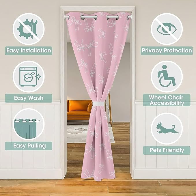 Feelyou Girl Pink Bowknot Door Curtain for Doorway Privacy Ribbon Bow Striped Closet Door Cover Curtain for Bedroom Living Room Princess Theme Room Blackout Curtain Window Treatments 1 Panel, 59"x80"