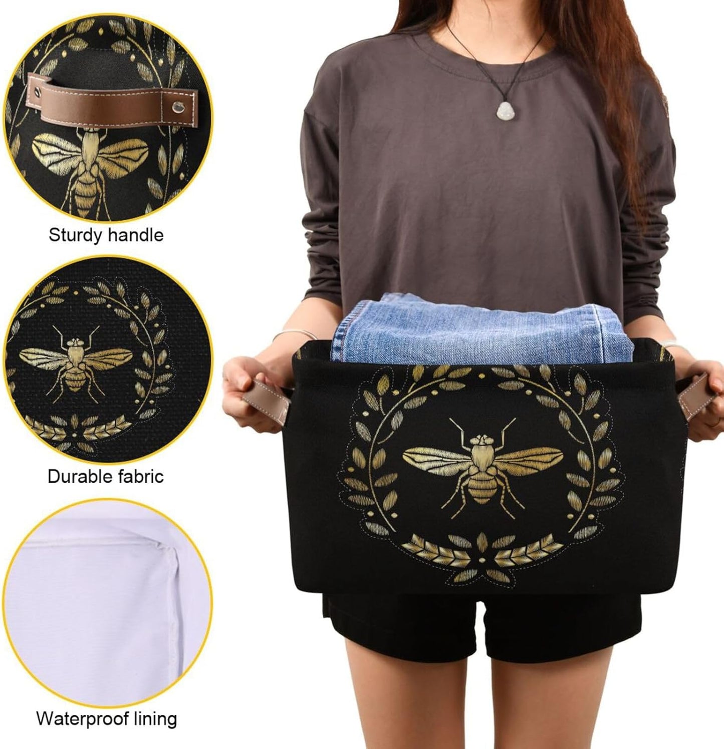 susiyo Storage Baskets for Shelves Organizer Baskets with Metal Frame Closet Storage Bins Fabric Bins Cubes with PU Handles for Organizing Shelf Nursery Toys 1 PACK,Gold Bee Floral