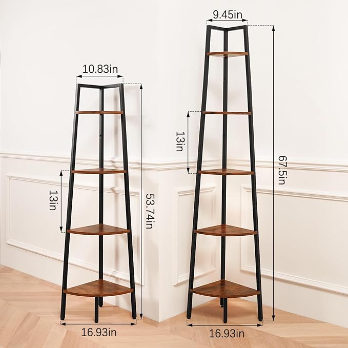 Yoobure 5‑Tier Corner Shelf – Sturdy Metal Frame & Wood Ladder Bookshelf, Space‑Saving Display Shelves for Plants & Books, Easy Assembly, for Bedroom, Living Room, Office, Balcony