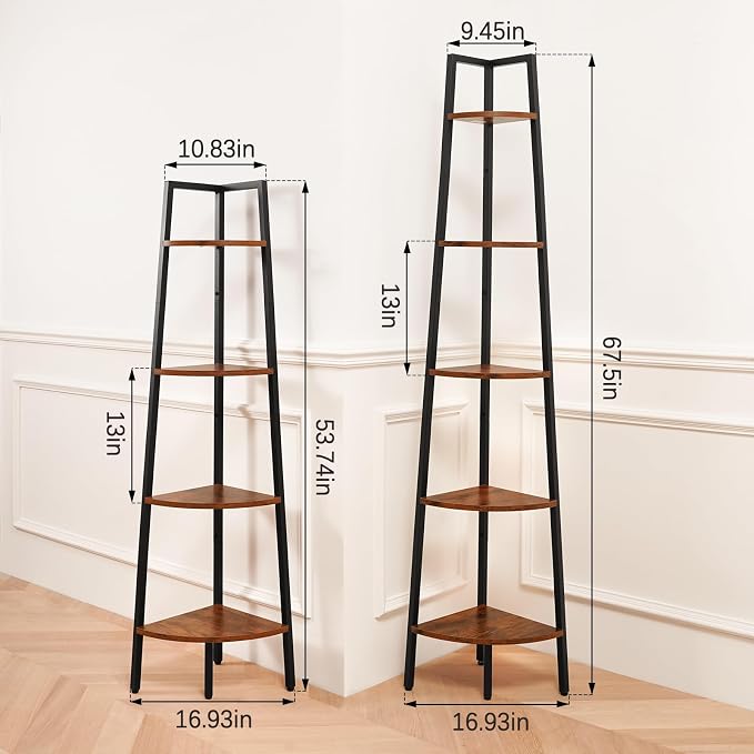Yoobure 4‑Tier Corner Shelf – Sturdy Metal Frame & Wood Ladder Bookshelf, Space‑Saving Display Shelves for Plants & Books, Easy Assembly, for Bedroom, Living Room, Office, Balcony