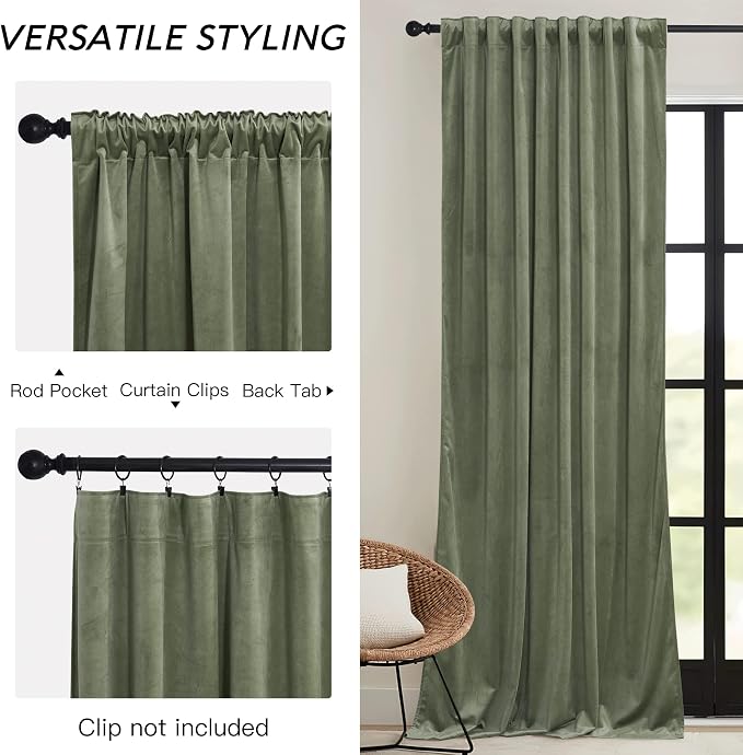 RYB HOME Sage Green Velvet Curtains 94 inches with Hook Belt, Soft Fabric Room Darkening Thermal Insulated Luxurious Home Decor Curtains for Living Room Bedroom, W 52" x L 94", 2 Panels Set