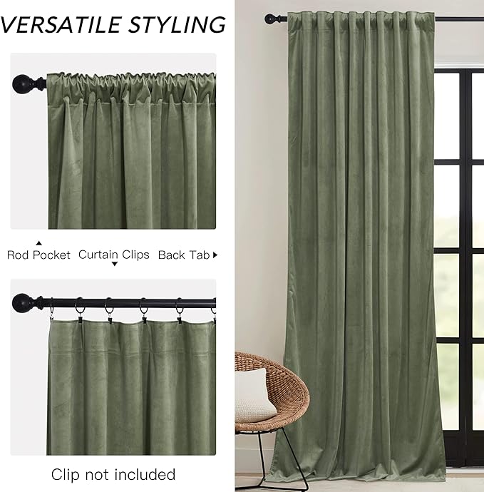 RYB HOME Extra Long Velvet Curtains 120 inches Long, High Ceiling Curtains for Living Room Bedroom Sliding Glass Door, Sage Green, W 52 x L 120, 2 Panels Set