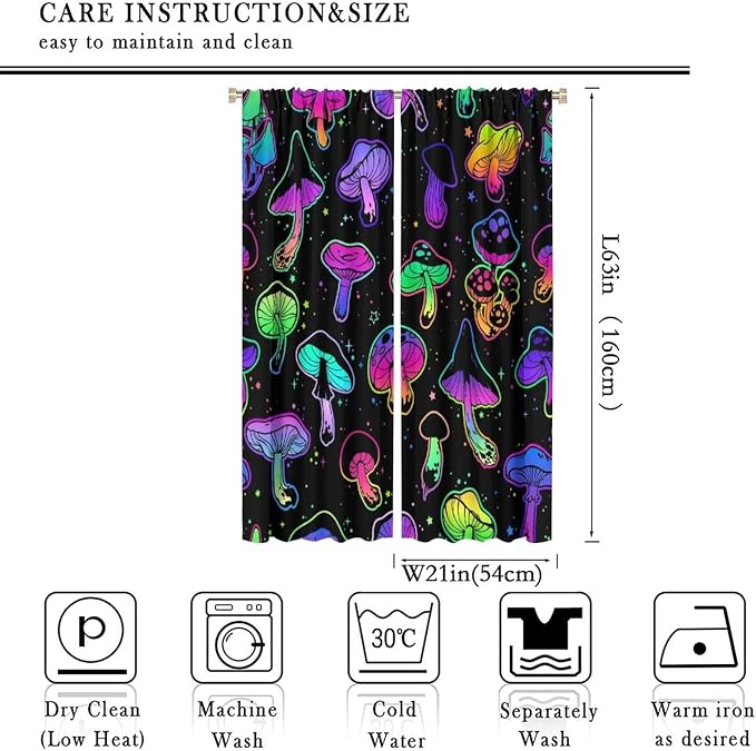 Mushroom Curtains Colorful Cartoon Plant Print Window Treatments for Bedroom Living Room Kitchen Fantasy Psychedelic Mushroom Window Drapes 2 Panels Set,Total Size 42 x 63 Inch