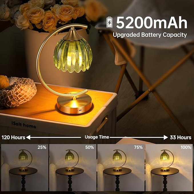 Shenmoyl Tulip Table Lamp, 5200mAh Cordless Touch Control Table Lamp with 3 Color Temps & Stepless Dimming, Rechargeable Battery Table Lamp for Living Room, Bedroom, Office, Shelf (Green Tulip)