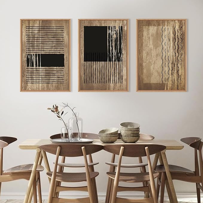 CHDITB Abstract Line Wall Decor, Vintage Black Brown Framed Canvas Wall Art, Mid Century Modern Art Print Home Decor, Boho Neutral Minimalist Painting For Living Room Bedroom Dining Room Office 16"x24