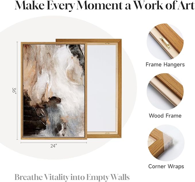 Large Framed Neutral Abstract Wall Art for Living Room, Set of 2 Brown Gray Black Modern Canvas Artwork for Walls, Luxury Watercolor Contemporary Painting Prints Wall Decor Hallway Office, 24x36 Inch