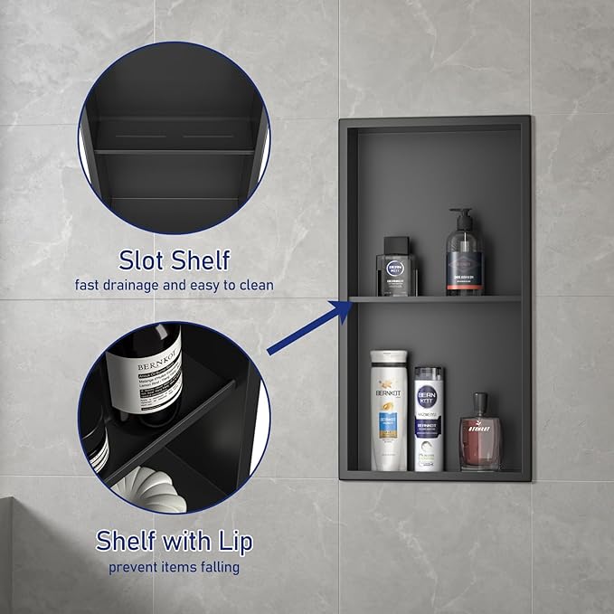 Stainless Steel Shower Niche Matte Black 24" X 12" No Tile Needed | Recessed shower niche with double shelves,space-saving,vertical niche, bathroom niche shower for shampoo & soap storage