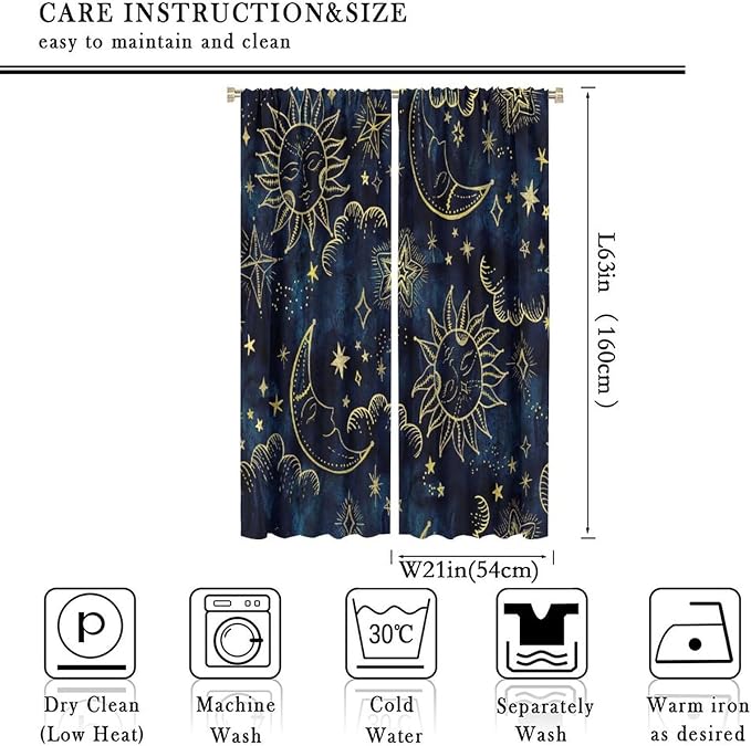 Boho Sun Moon Blackout Window Curtains, Bohemia Theme Sun Moon Stars Print Pattern Rod Pocket Window Drapes, for Living Room Bedroom 42x63in 2 Panels