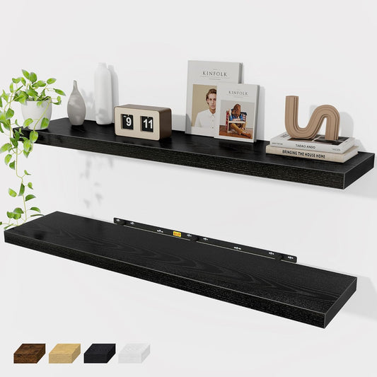 Black Floating Shelves Wall Shelf 48 Inch, 9.3 Inch Deep Floating Shelf for Wall, Farmhouse Black Wood Shelves Invisible Bracket for Living Room, Bedroom, Kitchen, 48 x 9.3 x 1.4 Inch, Set of 2