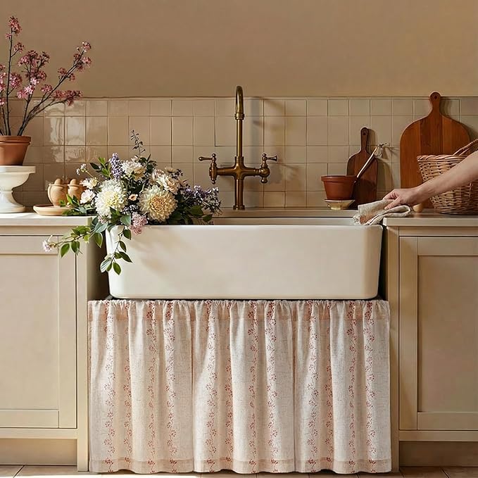 jinchan Katy Linen Floral Kitchen Curtains 30 Inches Length Stripe Cafe Curtains Farmhouse Cottagecore Tier Small Window Drapes for Living Room Light Filtering Rod Pocket 2 Panels Terracotta on Linen