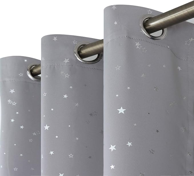 BGment Light Grey Star Blackout Curtains for Kid's Bedroom - Grommet Thermal Insulated Room Darkening Printed Curtains for Living Room, Set of 2 Panels (52 x 84 Inch, Light Grey)