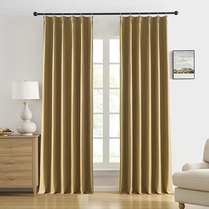 DUALIFE Gold Tan Pinch Pleated Blackout Curtains 104 Inches Long, Back Tab with Hooks, Linen Full Black Out Thermal Insulated Track Curtain for Bedroom Living Room,40 W x 104 L, 2 Panels