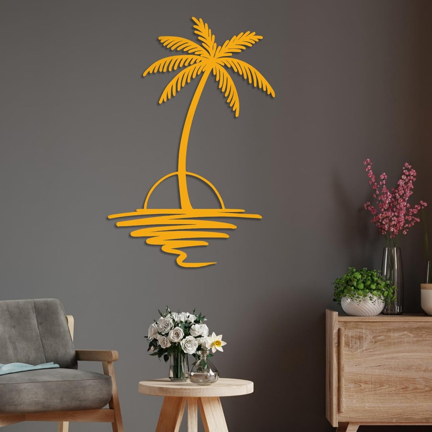 Metal Palm Tree with Sunset Wall Art, Large Outdoor Wall Decor, Tropical Beach Coastal Decor for Living Room, Bedroom, Garden Home Wall Sign, Perfect Metal Wall Art for Beach House, Coastal Theme, and Home Decoration (Gold, 18 x 14 inches)