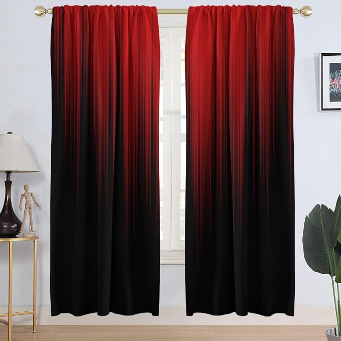 AAtter Red and Black Ombre Gothic Curtains, 42" W x 84" L Long Dark Gradient Fabric Drapes, Rod Pocket Window Treatments for Bedroom and Living Room, 2 Panel Set