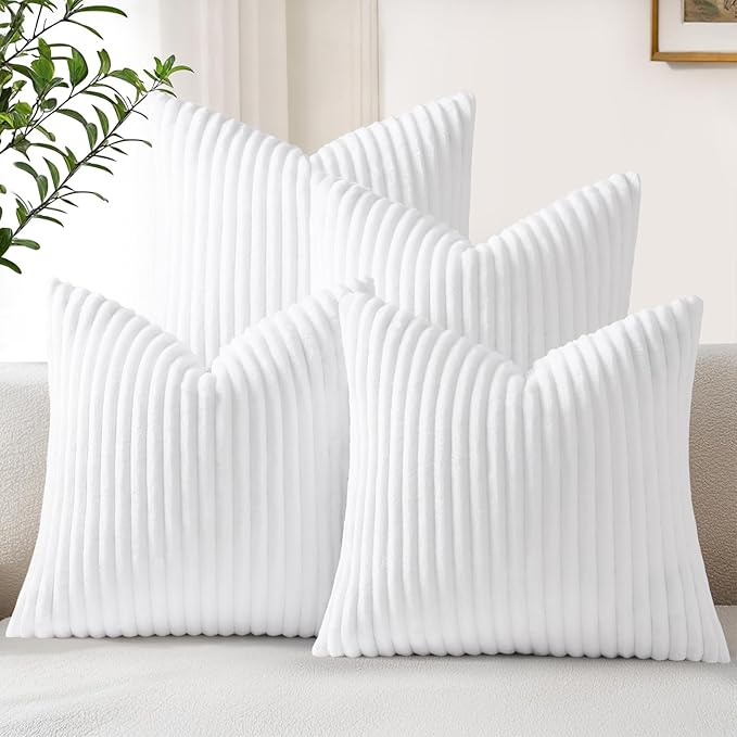 decorUhome Set of 4 Flannel Neutral White Throw Pillow Covers 18x18 Inch, Spring Decorative Soft Double-Sided Fluffy Couch Pillow Covers, Farmhouse Pillow Cases for Sofa Living Room