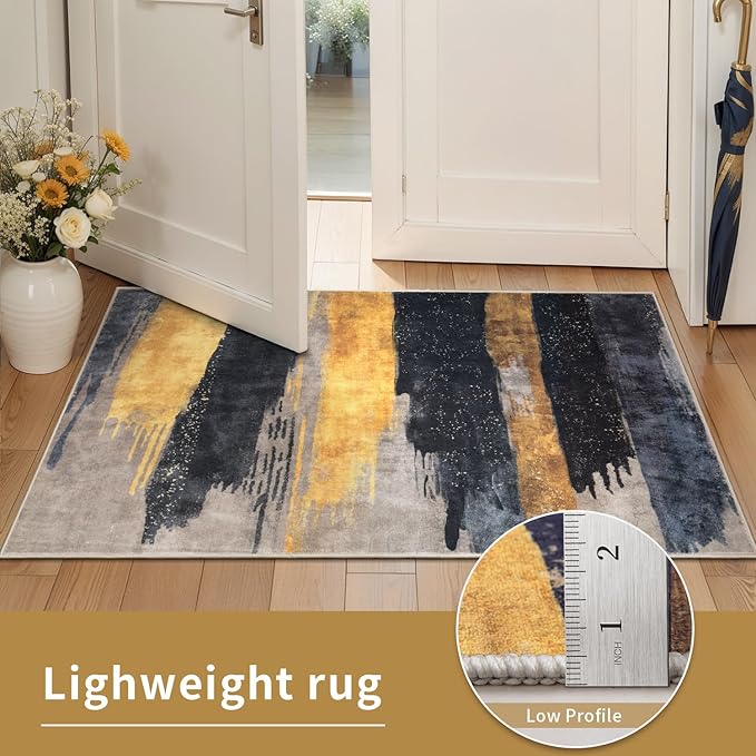 Ciicool Modern Abstract Area Rug 2x3 Washable Small Entryway Rugs,Black Gold Non-Slip Low Pile Throw Entry Rug, Foldable Kitchen Bathroom Rugs Floor Carpet for Entrance Bedroom Indoor Doormat