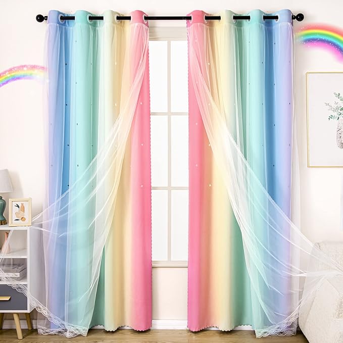 UNISTAR 2 Panels Blackout Stars Curtains for Girls Bedroom Kids Aesthetic Living Room Decor Colorful Double Layer Star Cut Out Stripe Window Wall Home Decoration Curtain,W52 x L63 Inches, Rainbow