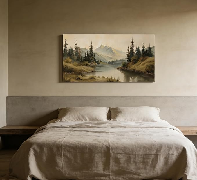ZAWUDVC Large Neutral Mountain Lake Wall Art, Pine Forest Landscape Canvas Print Poster, Rustic Nature Green Botanical Wall Decor for Living Room Bedroom, Earth Tone Forest Wilderness Art,