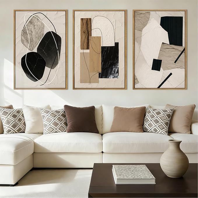 Large Abstract Paintings Framed Neutral Canvas Prints Mid Century Modern Wall Art Abstract Wall Decor Neutral Wall Pictures Elegant Modern Paintings for Living Room Bedroom Bathroom Office 36x24 Inch 3 Piece