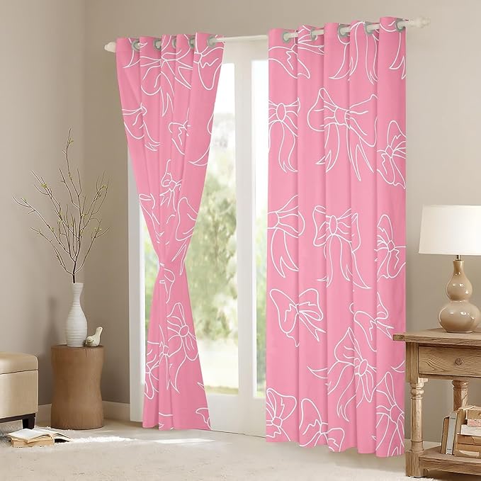Feelyou Cute Bowknot Room Darkening Blackout Curtain Boys Girls (2 Panels, 52 x 63 Inch) Pink Girls Bow Curtains for Bedroom Living Room Bow Blackout Curtains Kawaii Window Treatments