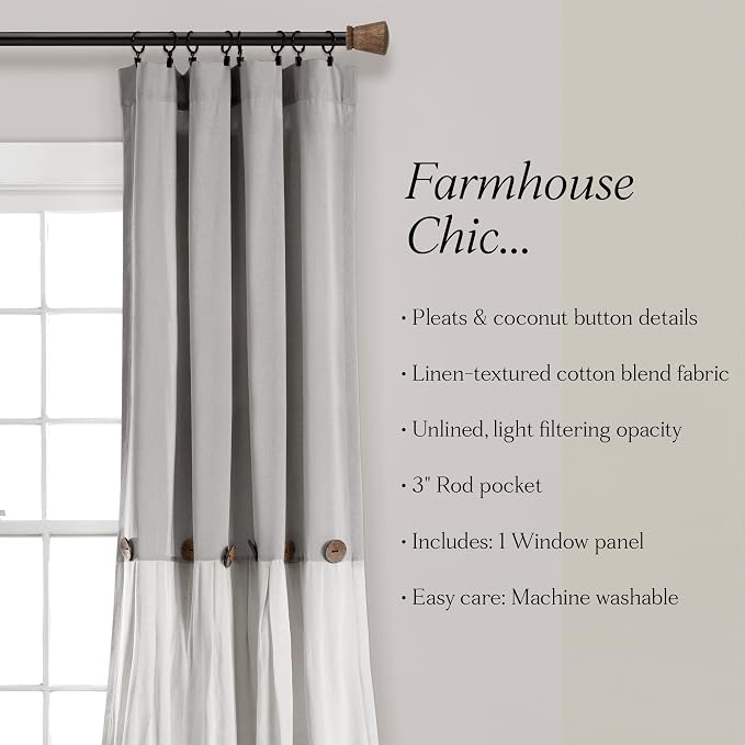 Lush Decor Linen Button Window Curtain Panel, Single, 40" W x 108" L, Gray & Off White - Country Curtains - Rustic Decor - Color Block Modern Farmhouse Curtains For Living Room, Bedroom & Dining Room