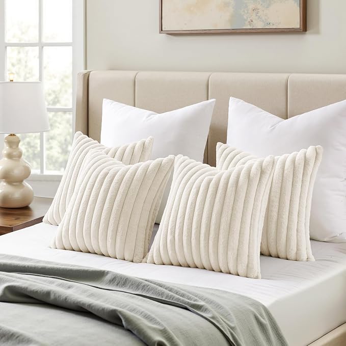 MIULEE Faux Fur Plush Decorative Throw Pillow Covers 20x20 Set of 4, Spring Modern Soft Fuzzy Striped Cushion Covers for Sofa Couch Bed Living Room Cozy Home Decor,Cream White