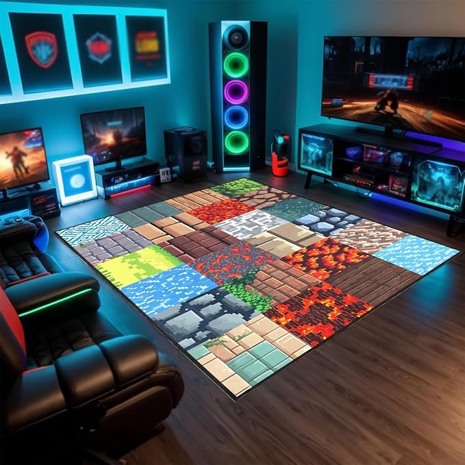 Game Room Rug - Video Game Decor for Boys Room 3'x5' Block Theme Carpet Gaming Floor Mat Rugs for Boys Bedroom Playroom