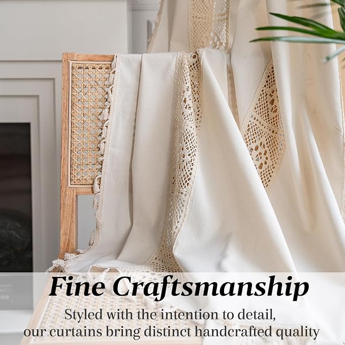 Sutuo Home Boho Curtains Crochet Lace Patchwork Semi-Blackout Bohemian Handmade Tassels, Rod Pocket Window Treatment Vintage Rustic Farmhouse Drapes for Living Bedroom, 1 Panel 59" W x 84" L, Beige
