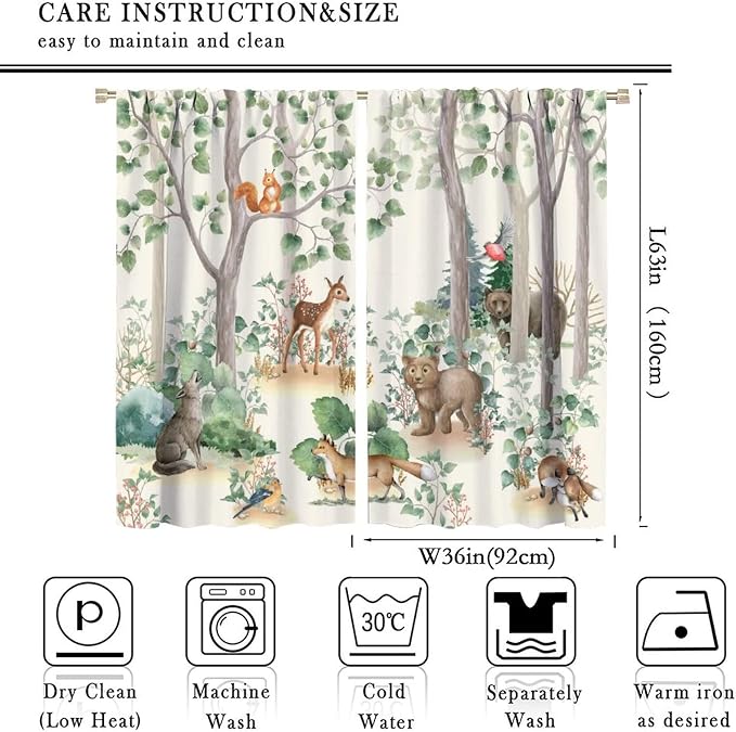 Forest Animal Kids Curtains, Wild Rustic Bear Fox Deer Children Cartoon Window Treatments for Living Room, Watercolor Blackout Drapes 2 Panel Sets,72x63 Inch