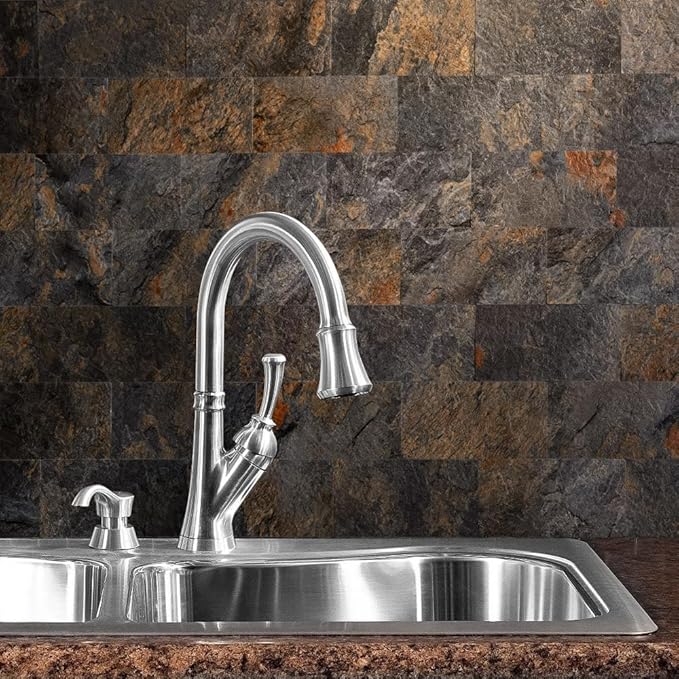 AULIGET 4 Pieces Peel and Stick Backsplash Wall Tile, 3" x 6" Rustic Slate PVC Stone Stick on Tiles