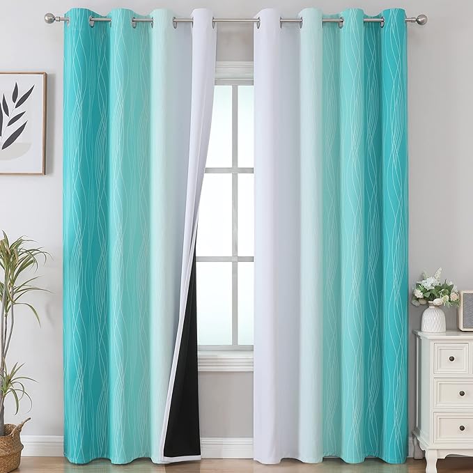 Estelar Textiler Teal and Greyish White Blackout Curtains 102 Inch Length 2 Panels Set, Thermal Insulated Ombre Grommet Drapes for Bedroom, Room Darkening Gradient Curtains for Living Room, 52Wx102L